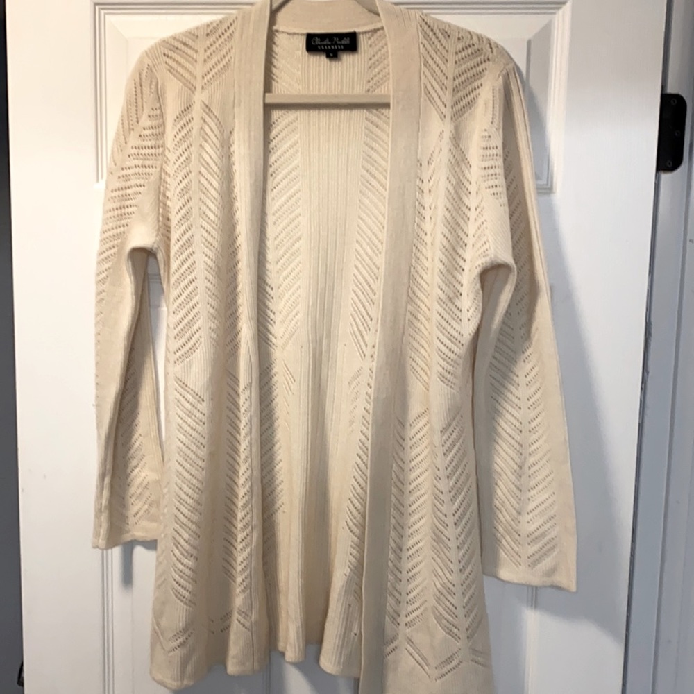 Claudia Nichole 100% Alashan cashmere Herringbone Open Cardigan GUC Sz Med Ivory